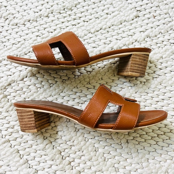 HERMES INSPIRED Camel Brown Sandals Womens Size 37 (7) Wide Block Heel EUC - Picture 2 of 13